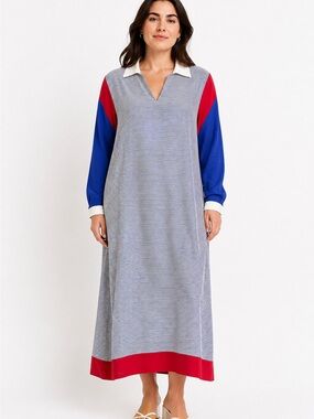 Vintage Jack Mulqueen 100% Silk Colorblock Nautical Midi Dress size 12